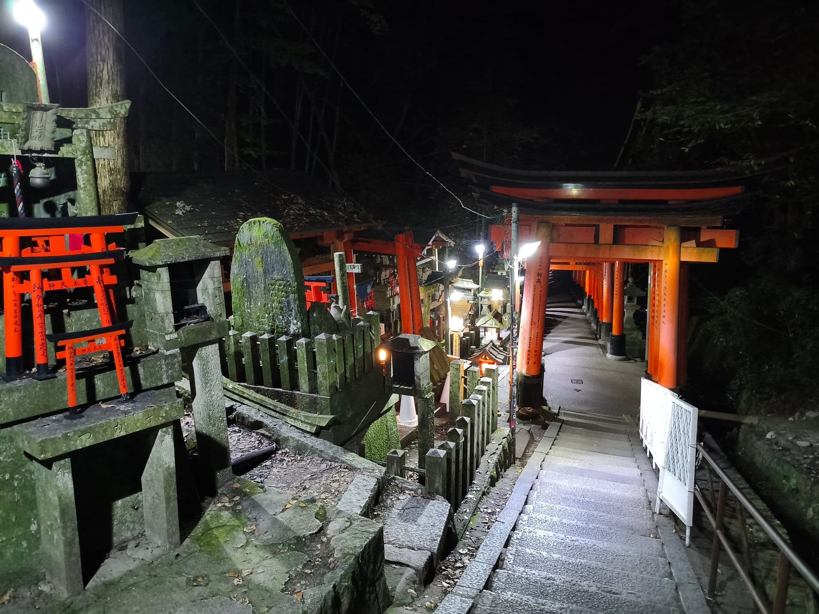 Stone monuments and banks of miniature torii gates beside the path at Fushimi Inari, lit at night
