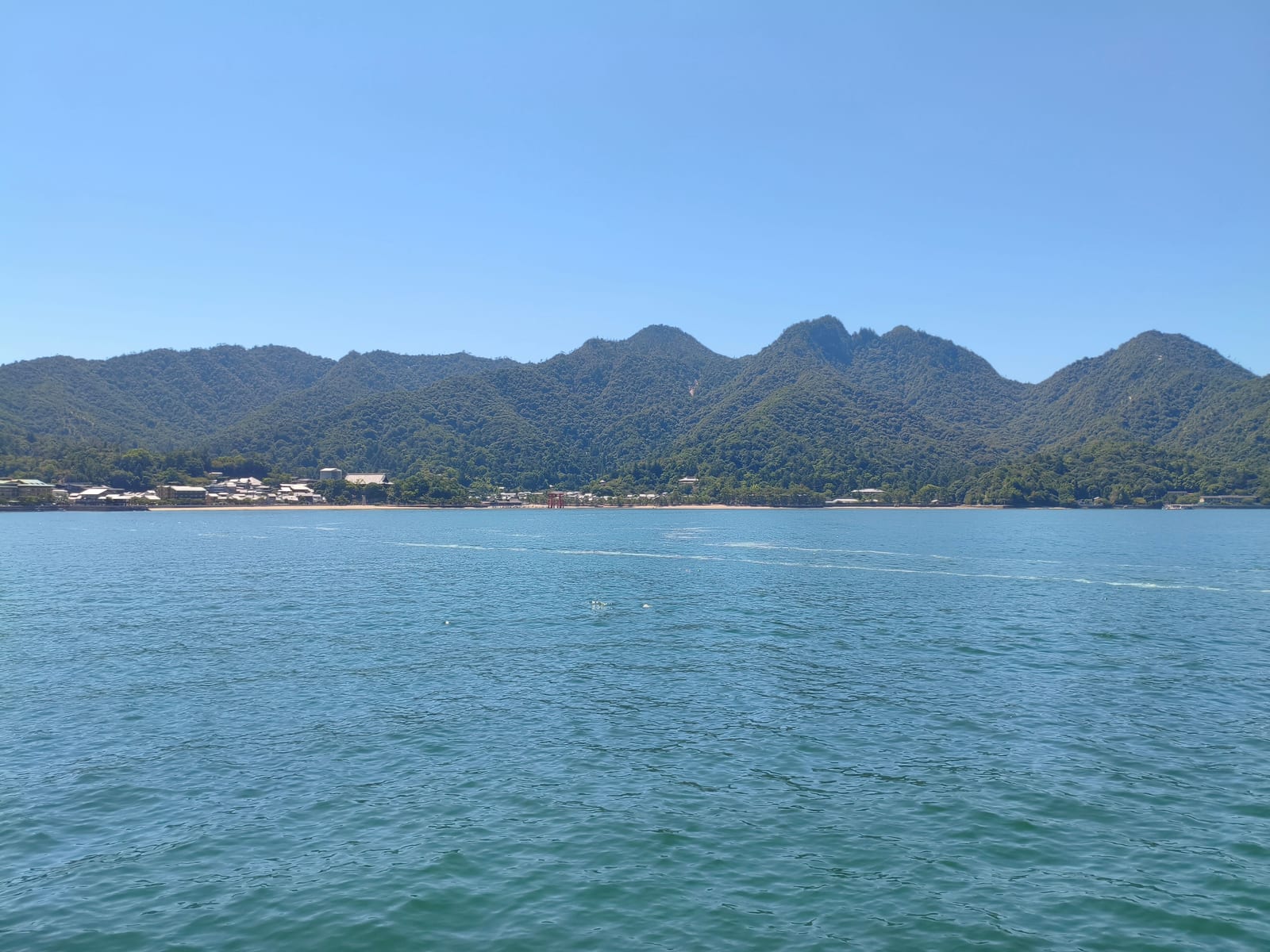 The wooded hills of Miyajima seen across the water from the deck of the ferry