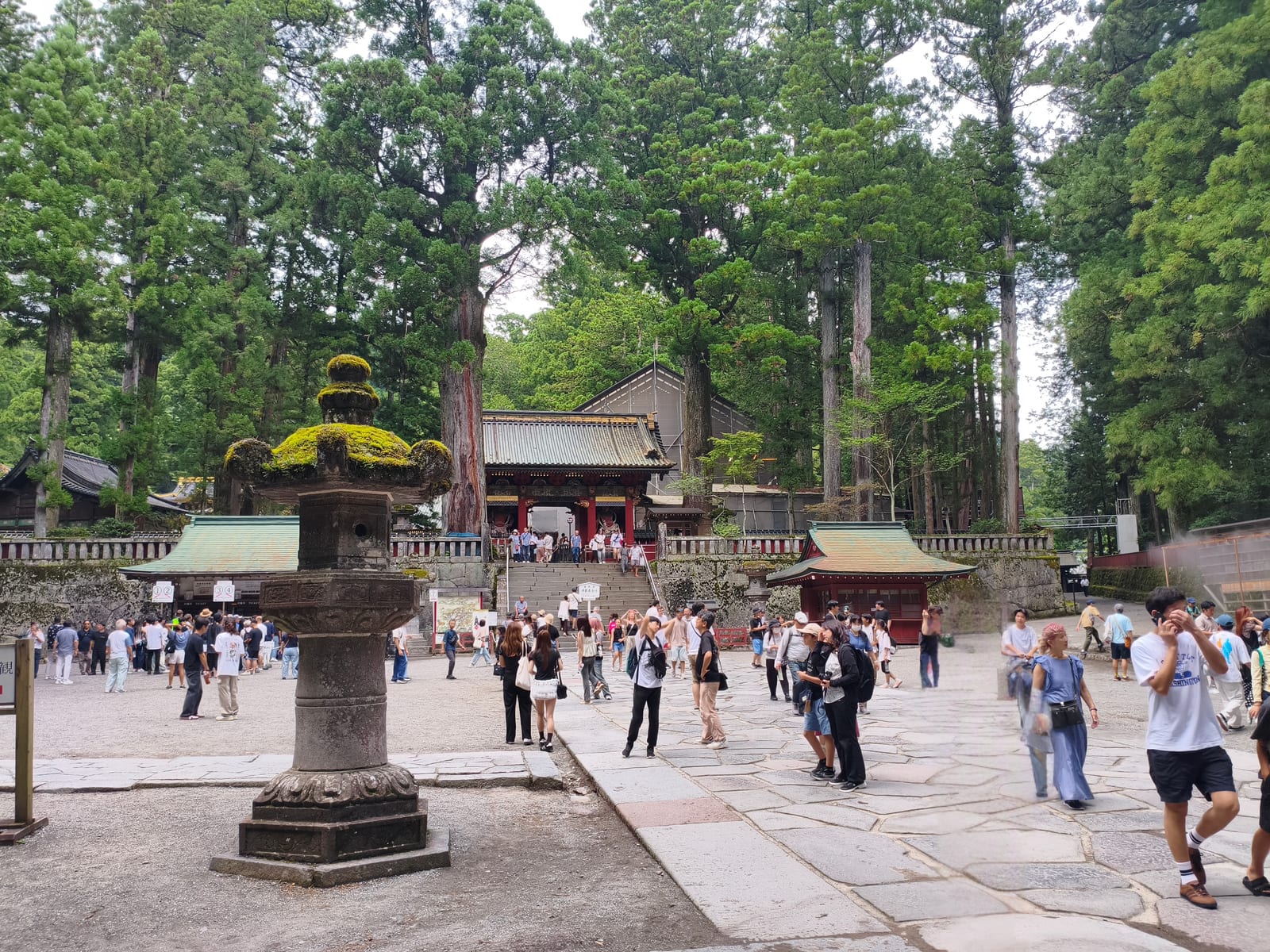 The main courtyard at Tōshō-gū, a stone lantern in front of shrine buildings among tall cedars