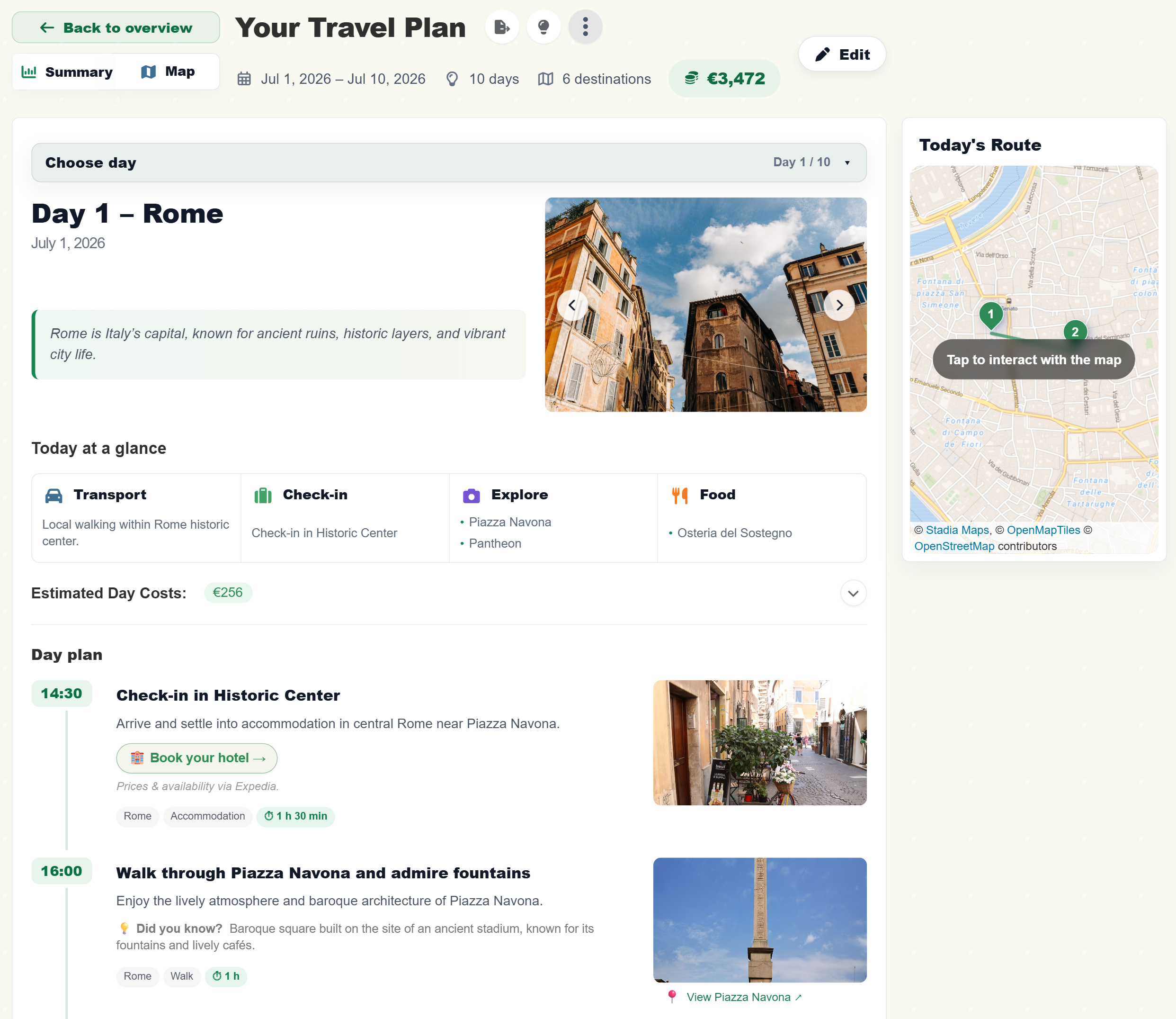 Map view showing your route and pinned places
