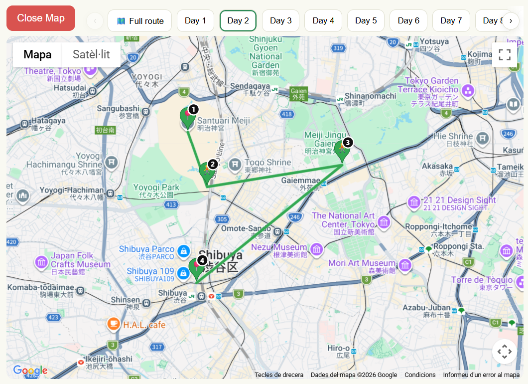 Daily map view with walking route and stops