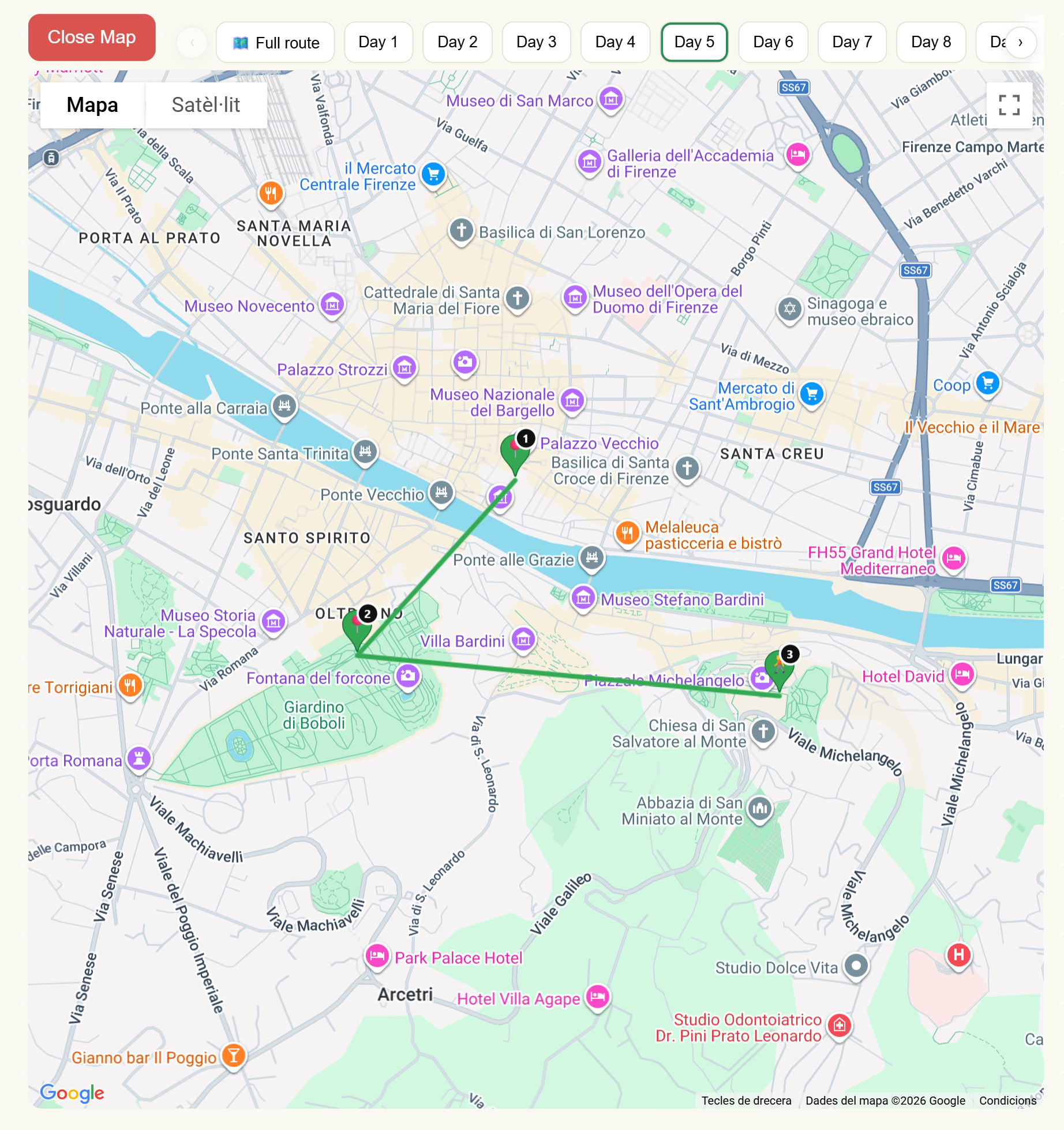 Daily map view with walking route and stops
