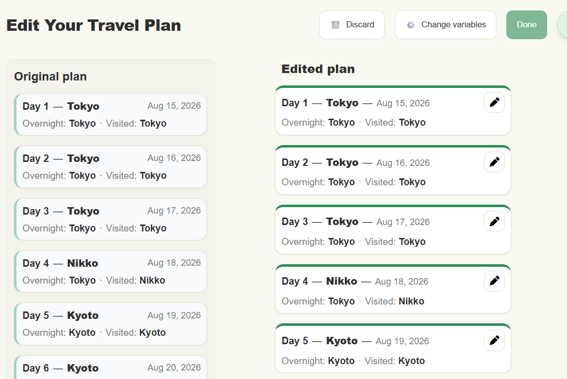 Trip editing view with itinerary customization options