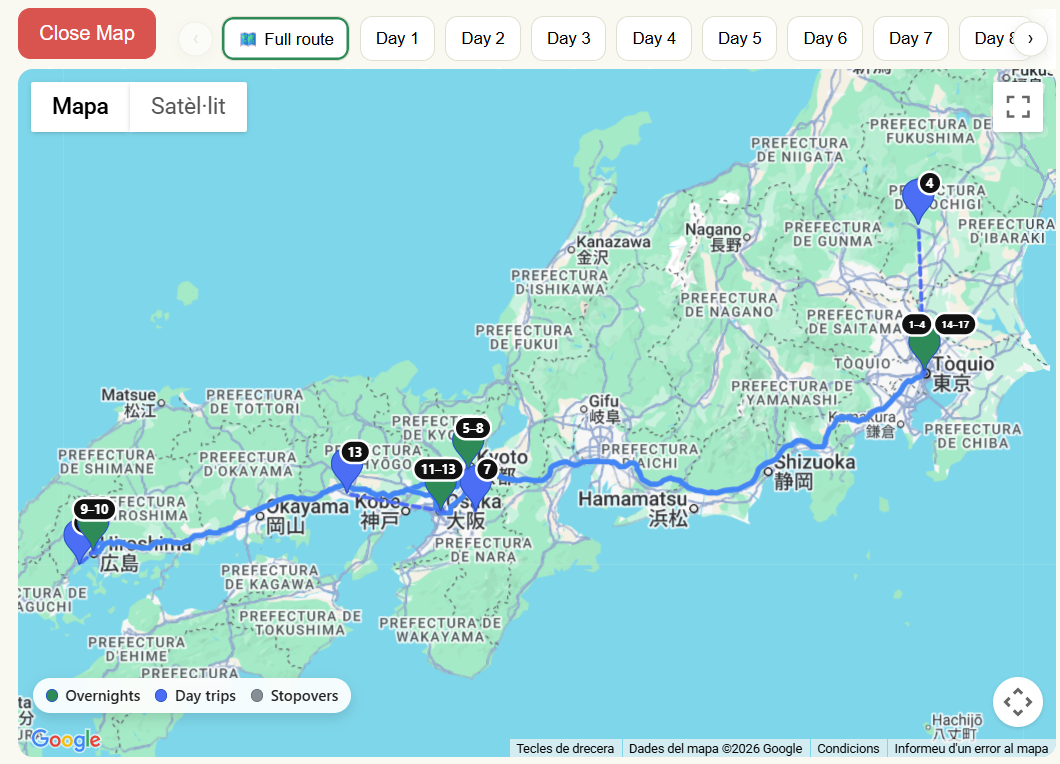 Full route map showing overnight hubs and route line