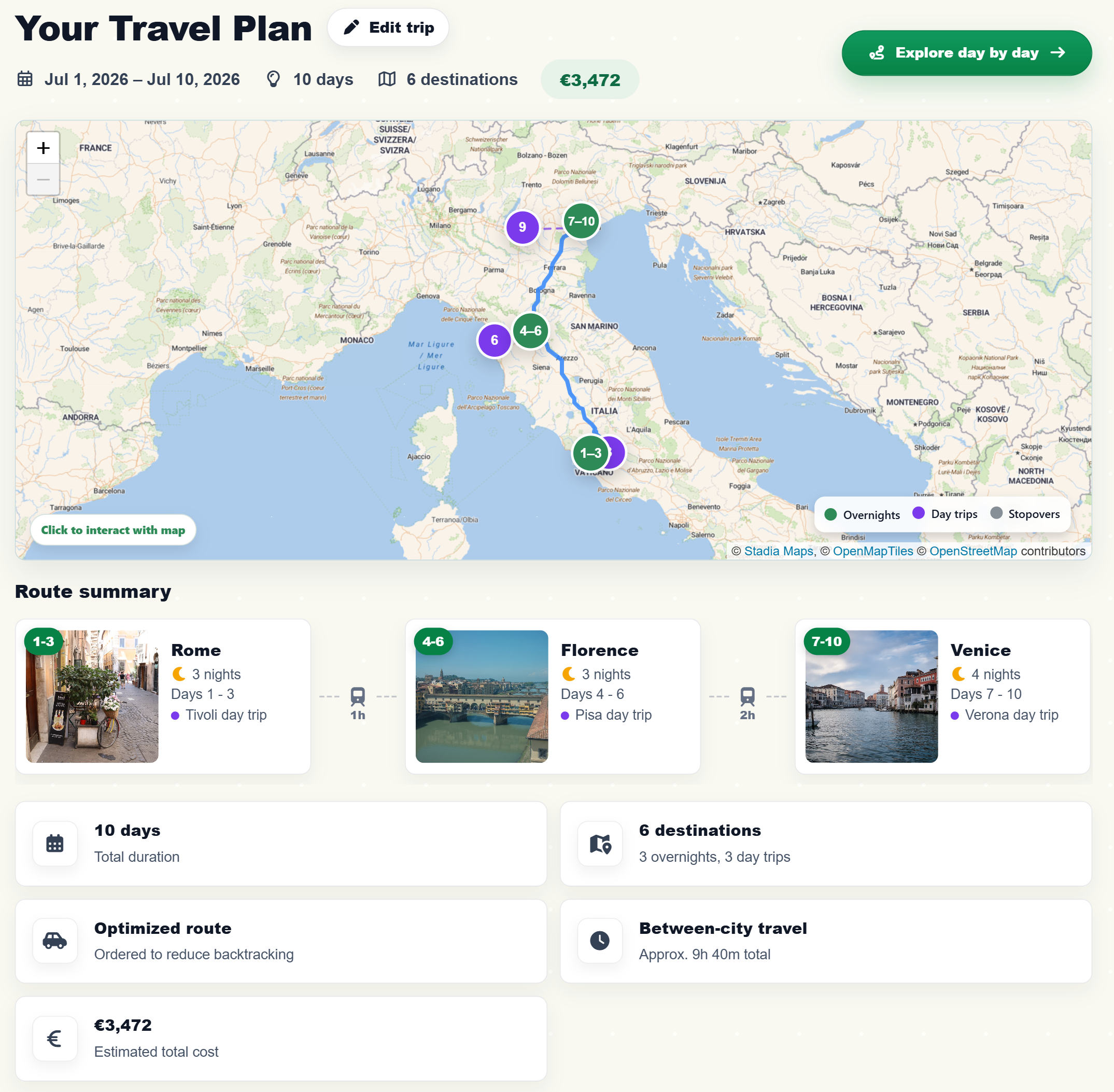 Example day-by-day itinerary generated by MyTripBlueprint