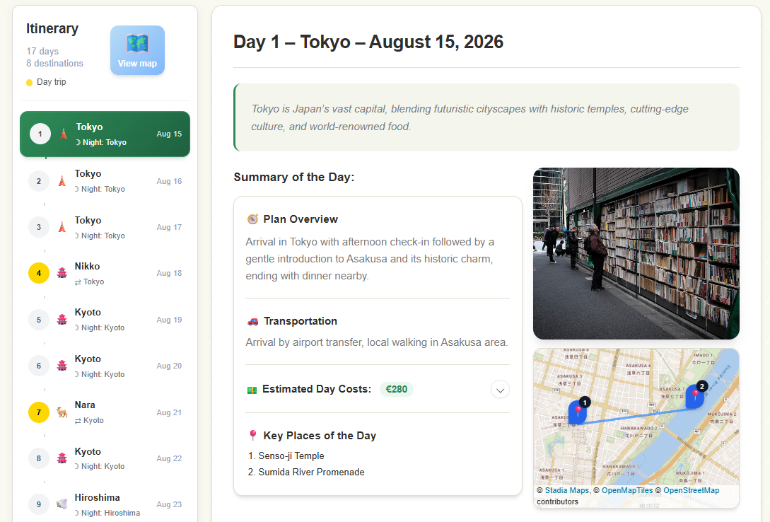 Trip overview with itinerary sidebar and travel plan