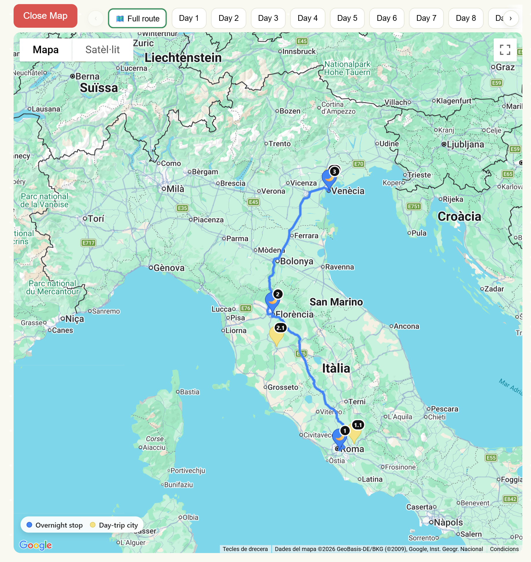 Full route map showing overnight hubs and route line