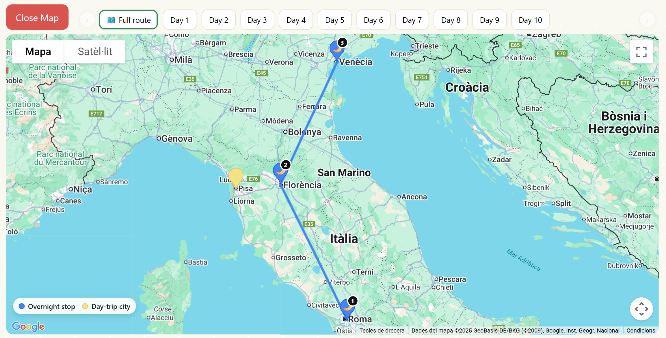 Full route map showing all overnight stops