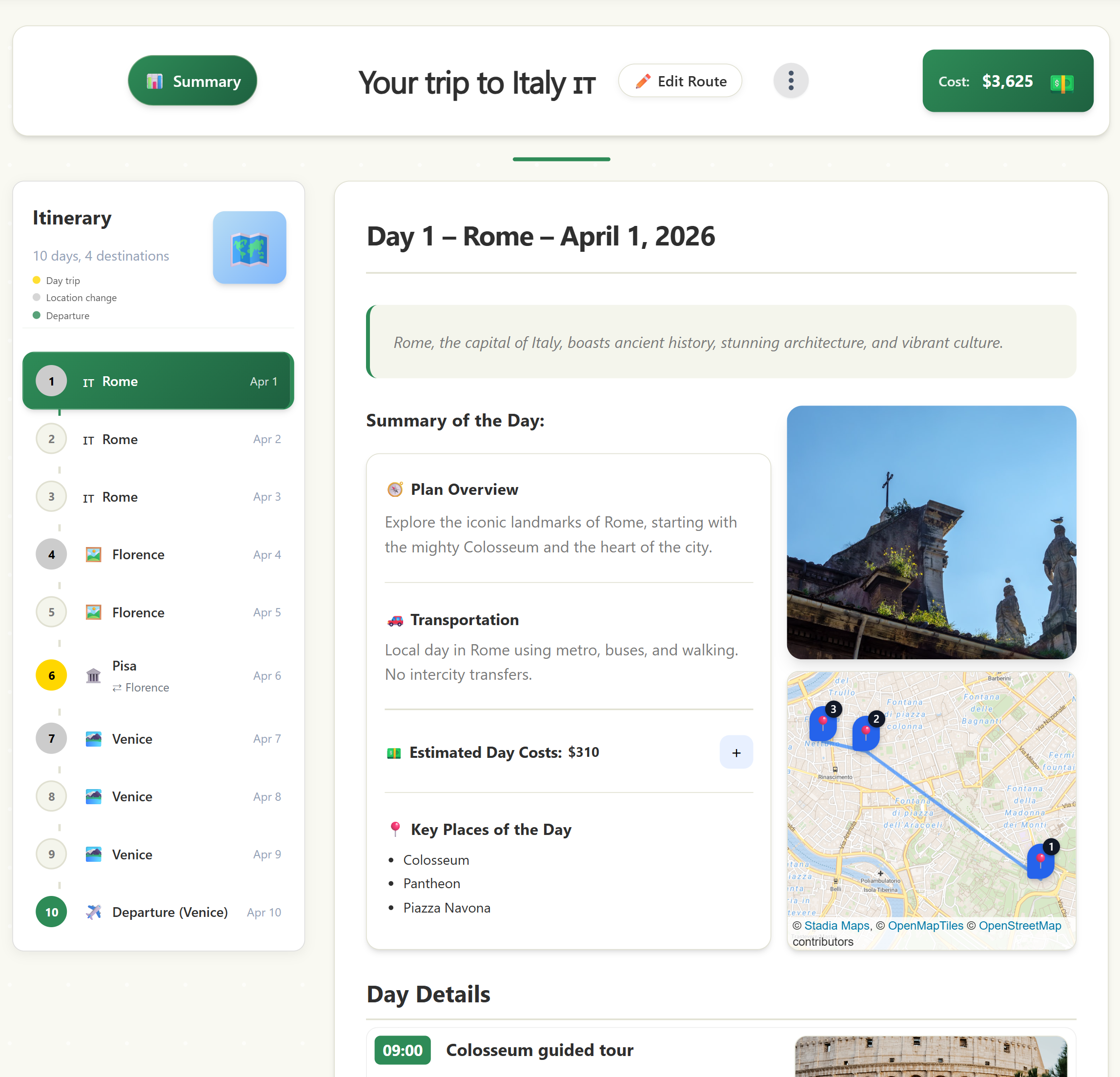 Example day-by-day itinerary generated by MyTripBlueprint