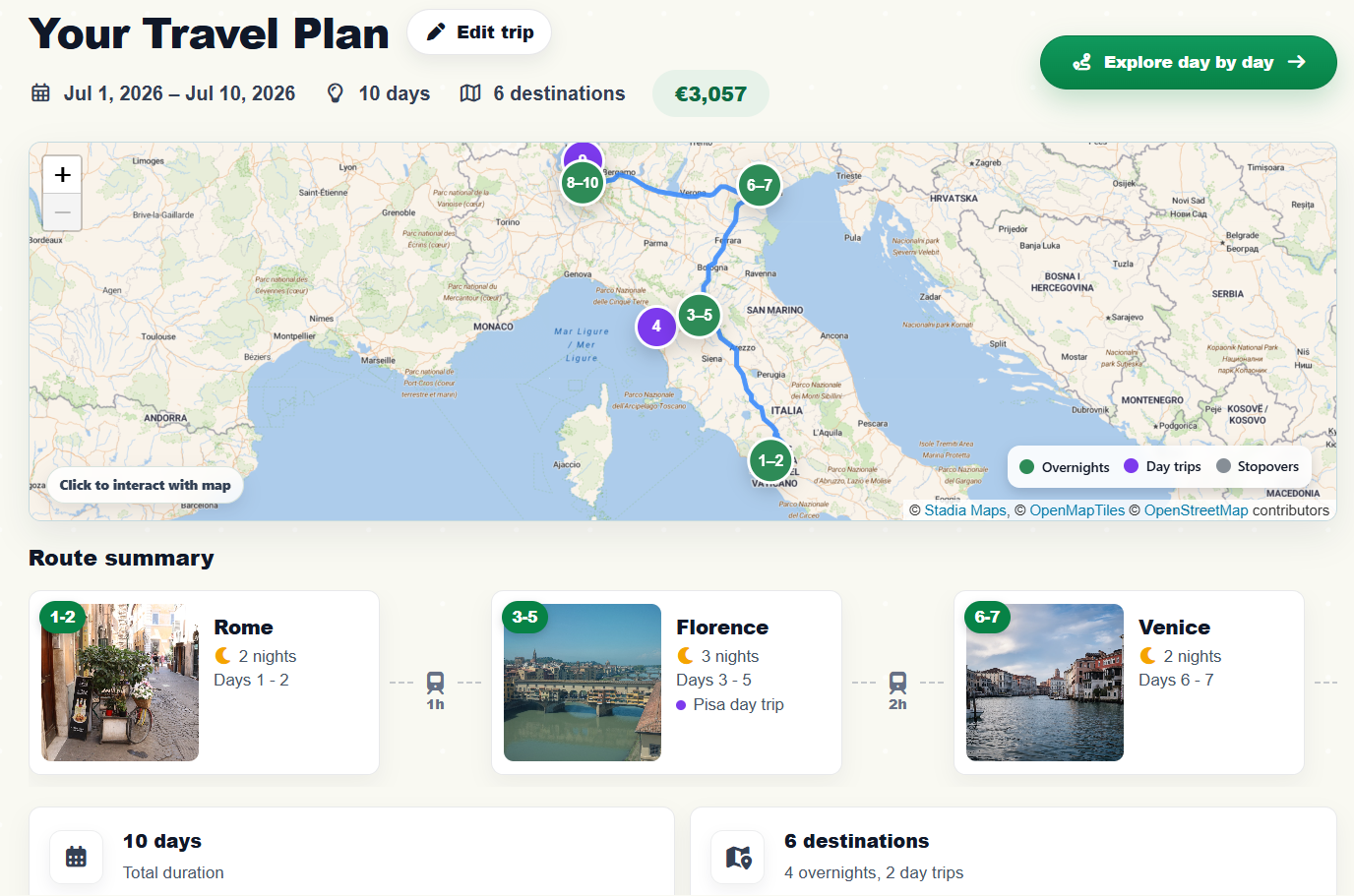 Trip overview with itinerary sidebar and travel plan